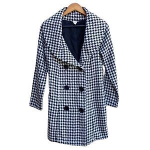 Vintage 80's Wool Coat Large Houndstooth Print Oversized Shawl Lapel Belted Sz S